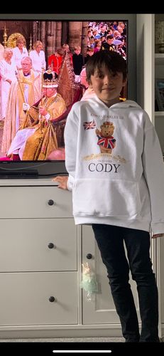 Customer photo review of Kensington Bear- Personalised Kings Coronation Kids Hoodie