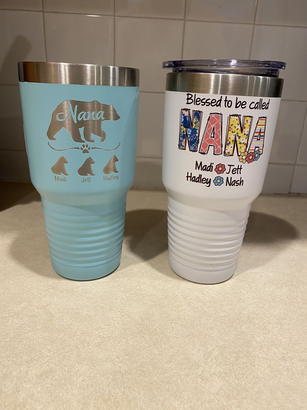 Customer photo review of Grandparent Floral Letters Personalized With Kids Names Color Printed Tumblers