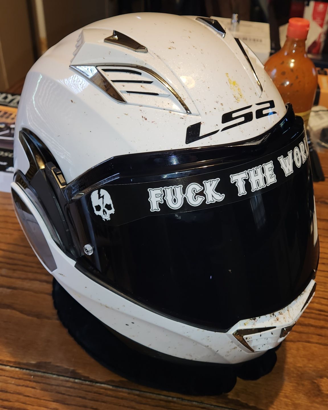 Customer photo review of FUCK THE WORLD HELMET VISOR