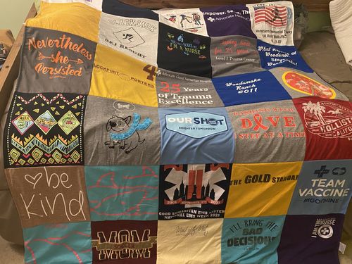 T-shirt quilt with nursing, healthcare themes by Joan from IL