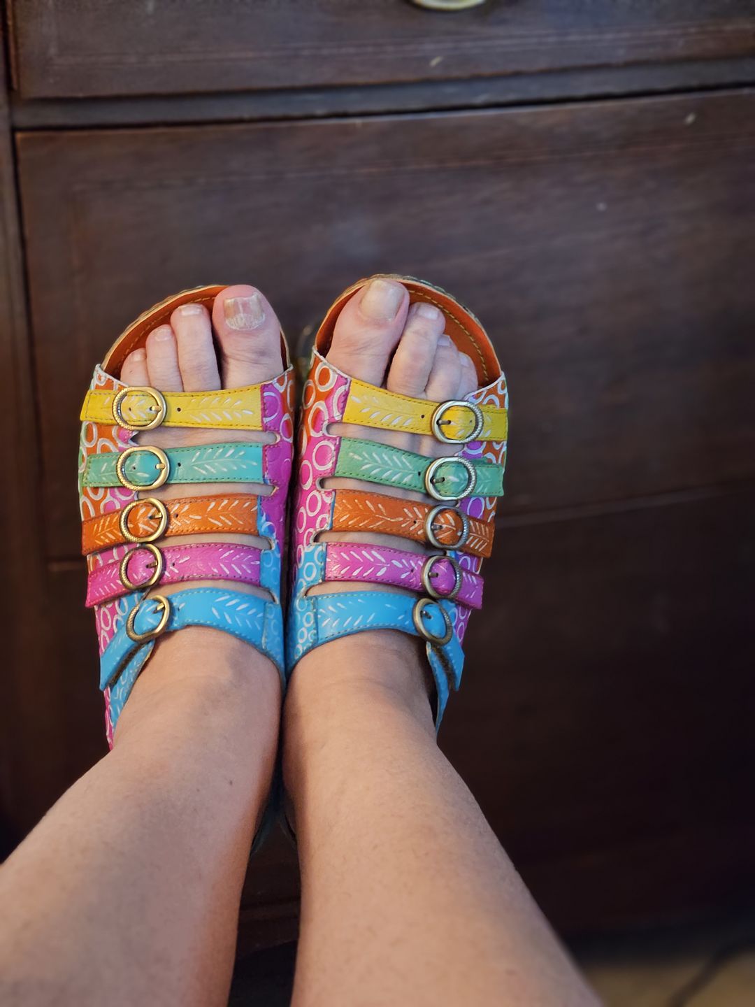 Customer photo review of Colorful Floral Embossed Leather Sandals