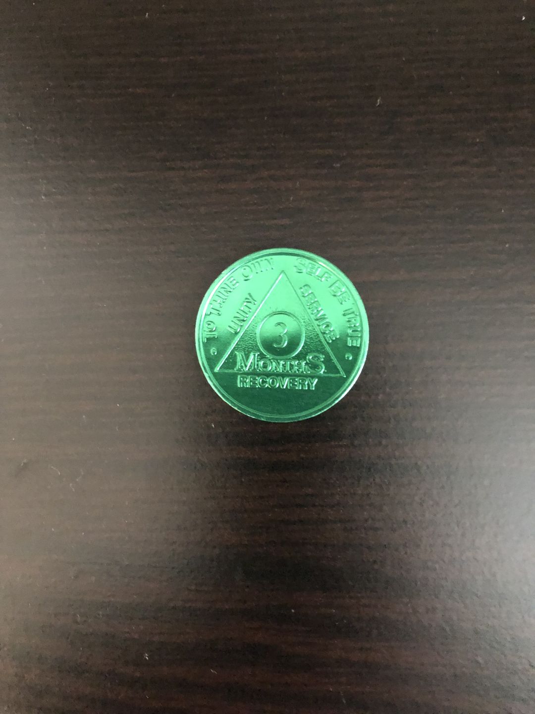 Customer photo review of Sobriety Mint Infinity Aluminum AA Meeting Newcomer Sobriety Chips/Coins/Tokens - 90 Days / 3 Months - Green