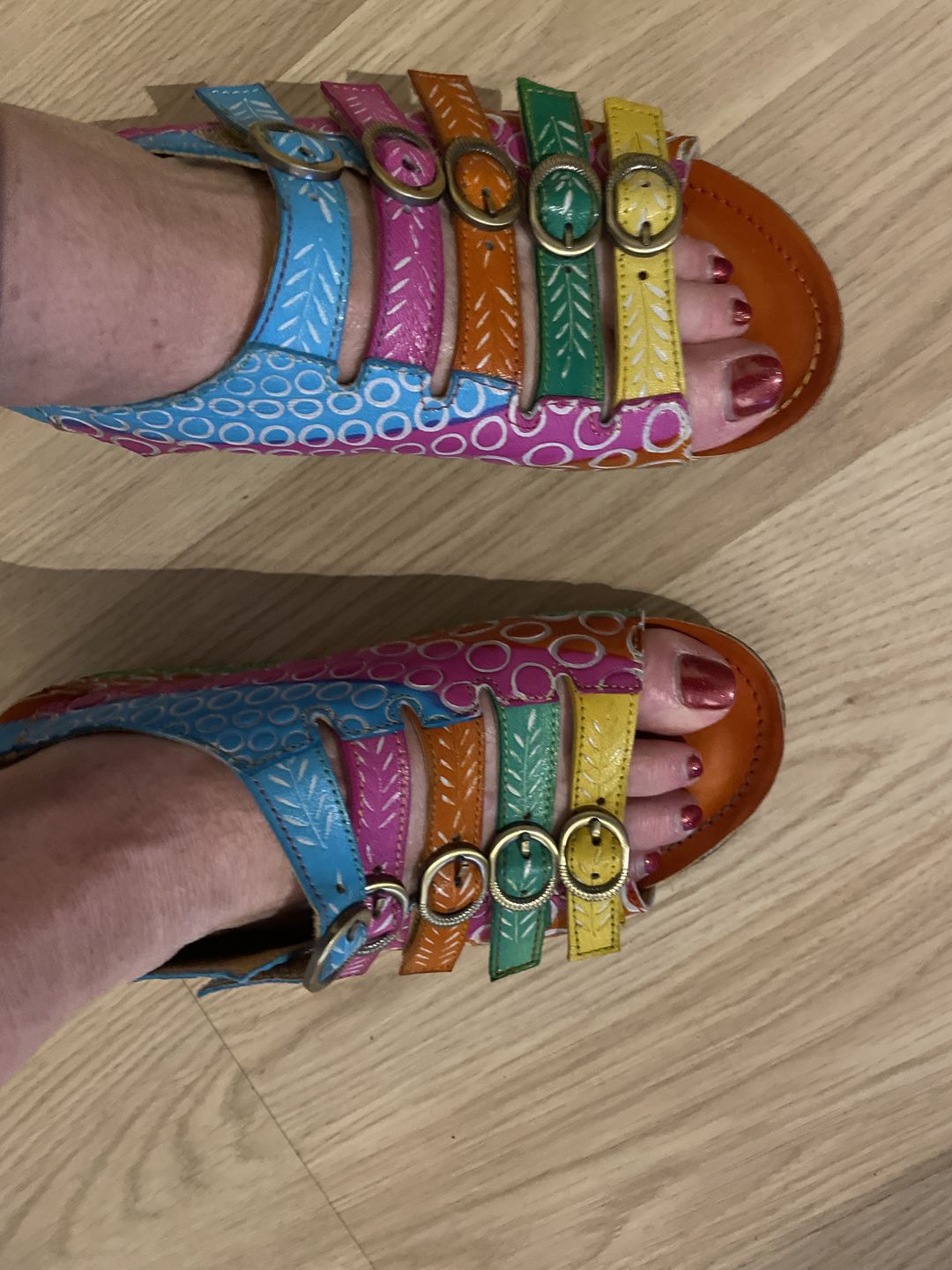 Customer photo review of Colorful Floral Embossed Leather Sandals