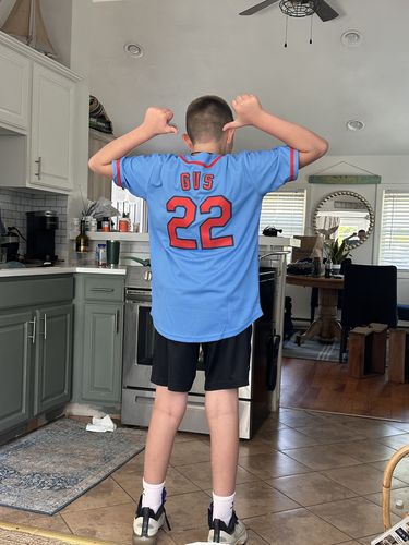 Customer photo review of Custom Light Blue Red-Navy Baseball Jersey