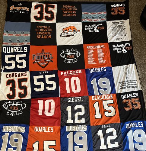 T-shirt quilt featuring cougars, falcons by Leah from TN