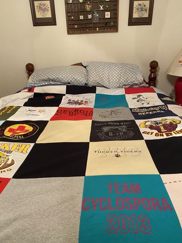 T-shirt quilt with cycling, sports themes by Cindy from GA