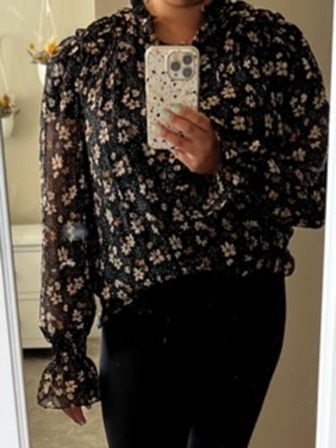 Customer photo review of The Renata Split Neck Sheer Floral Blouse