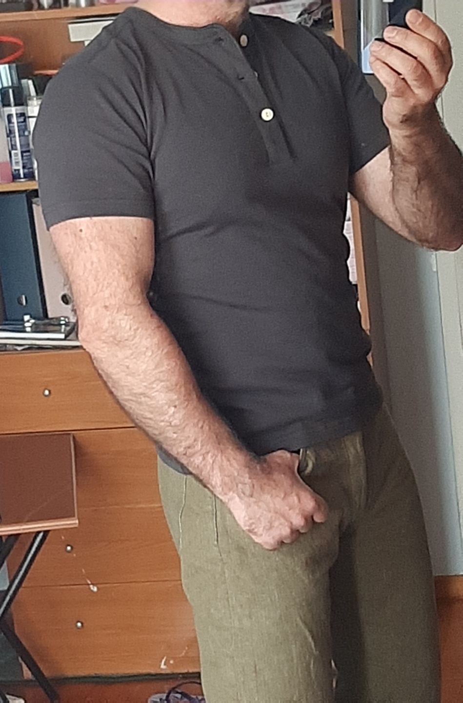 Customer photo review of 10.6 oz Cotton Short Sleeve Henley T-Shirt - Dark Gray