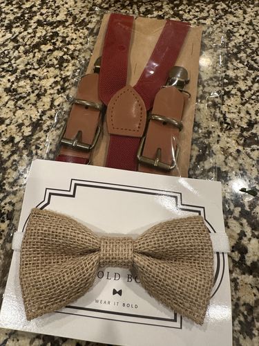 Customer photo review of Burlap Bow Tie and Burgundy Buckle Suspenders