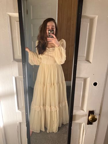 Customer photo review of Gunne Sax Inspired Yellow Chiffon Prom Dress - Modest Lace Tea Dress - French Style 1980s