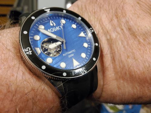 Customer photo review of Aquacy Hei Matau Cave Diver Open Heart Men's Automatic 200M Blue Mother of Pearl Dive Watch CD.38.BLMOP.B.L