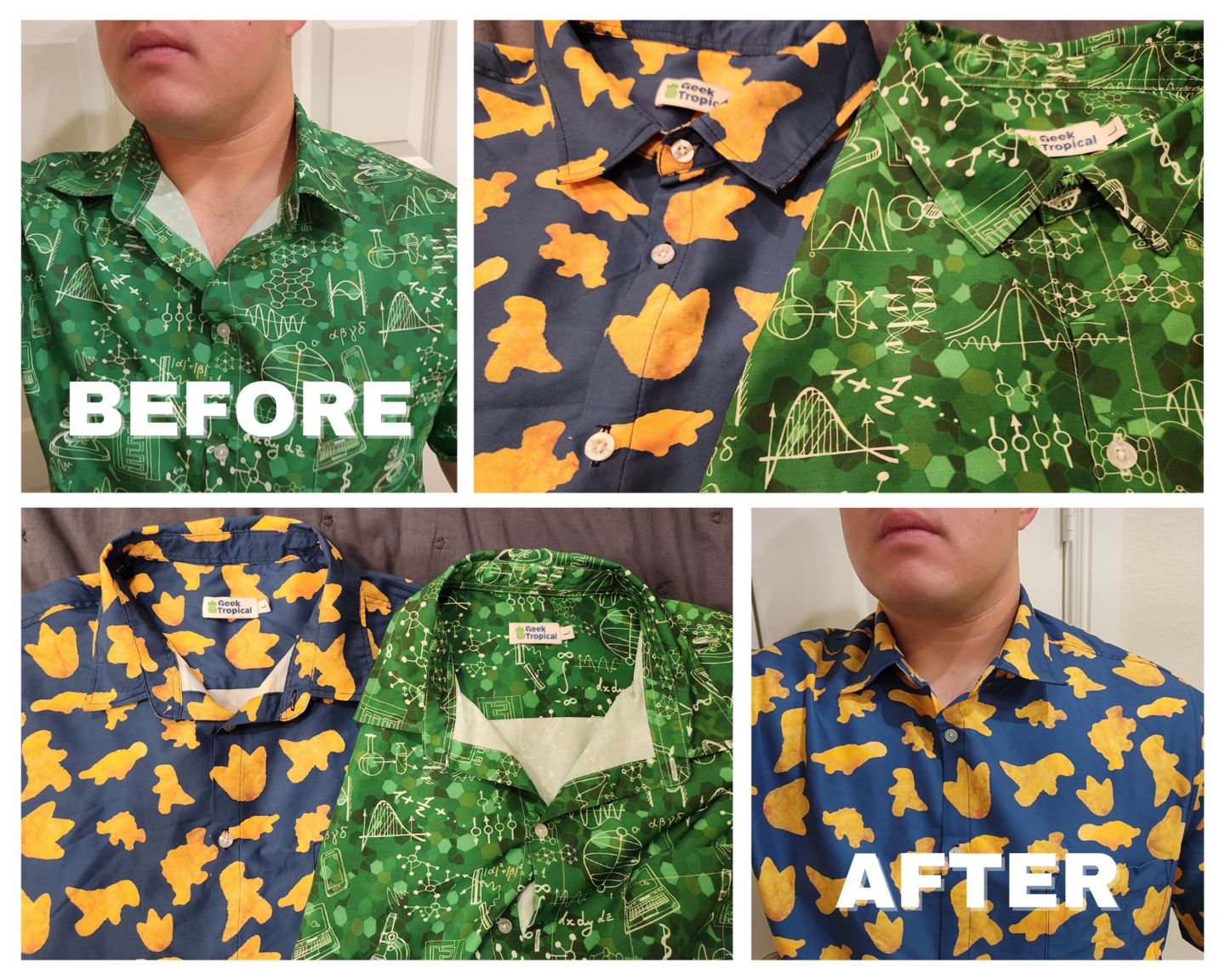 Customer photo review of Dinosaur Chicken Nuggets Blue Button Up Shirt