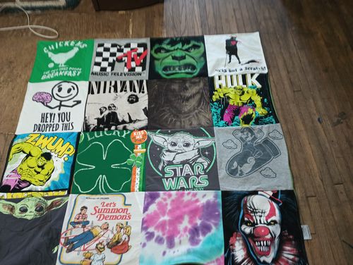 T-shirt quilt with music, movies themes by Aimee from IL