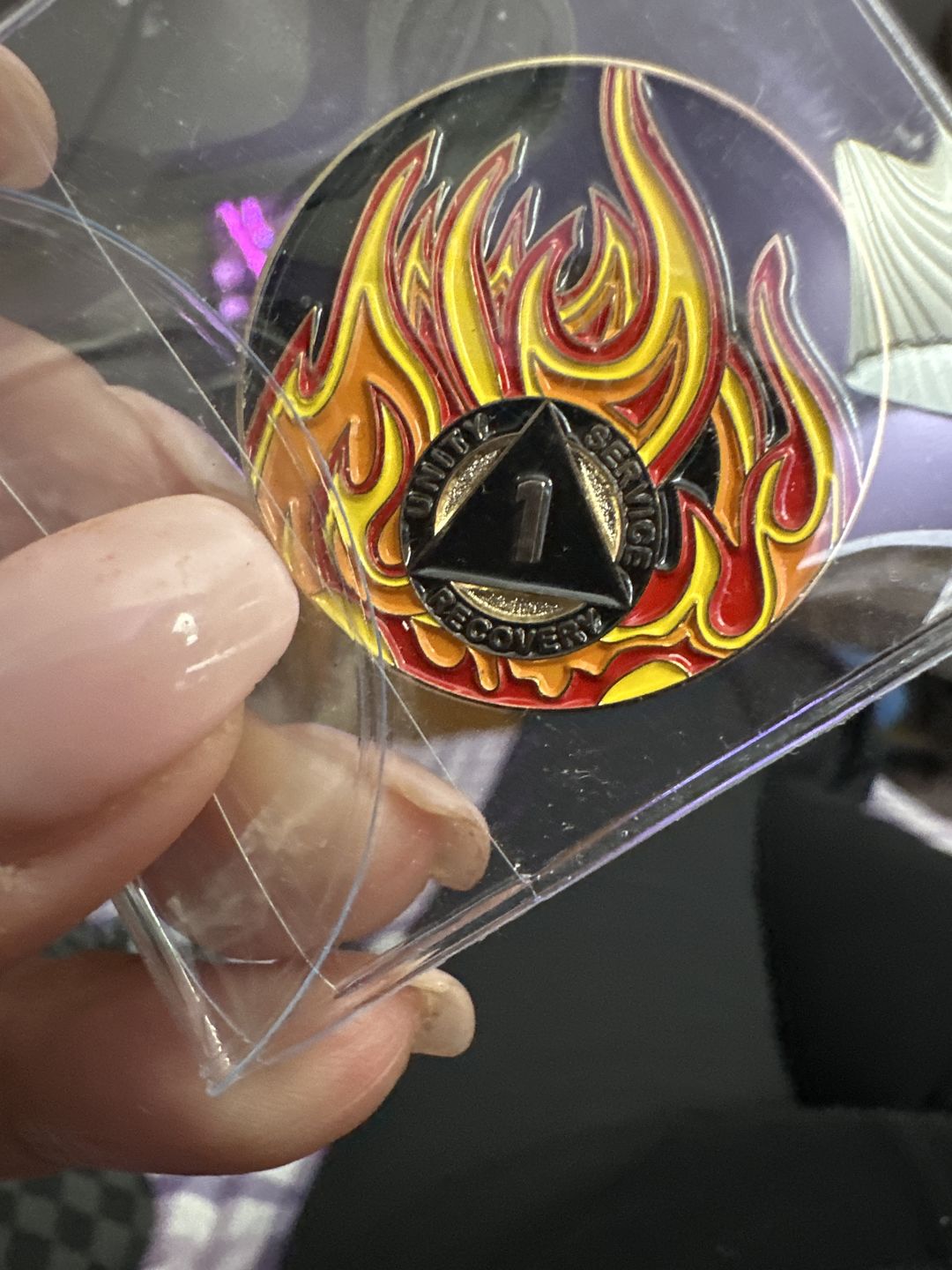 Customer photo review of 1 to 40 Year Sobriety Mint Twisted Flames Gold Plated AA Recovery Medallion/Chip/Coin - Black/Red/Orange/Yellow