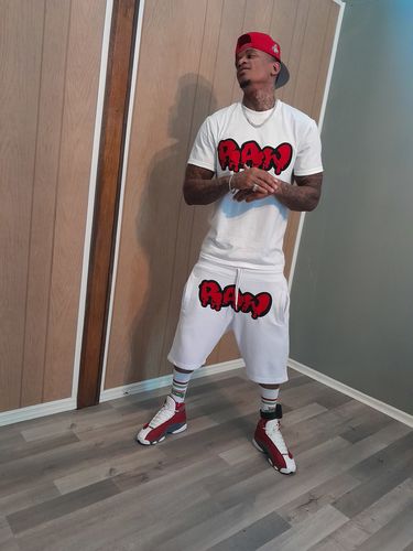 Customer photo review of Men RAW Drip Red Chenille Crew Neck and Cotton Shorts Set - White Tees / White Shorts