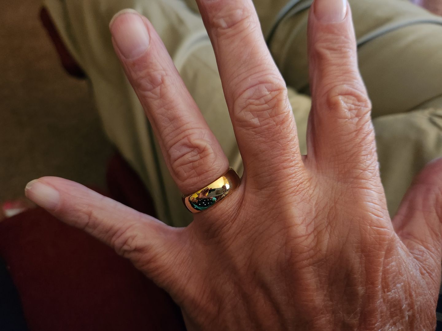 Customer photo review of 7mm - 14k Yellow Gold Tungsten Wedding Band, High Polish Dome Shape, Anniversary Ring