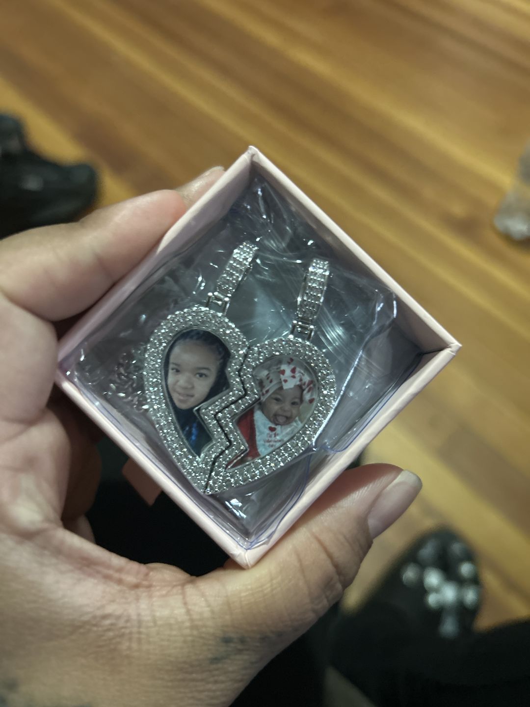Customer photo review of Split heart Custom picture necklace