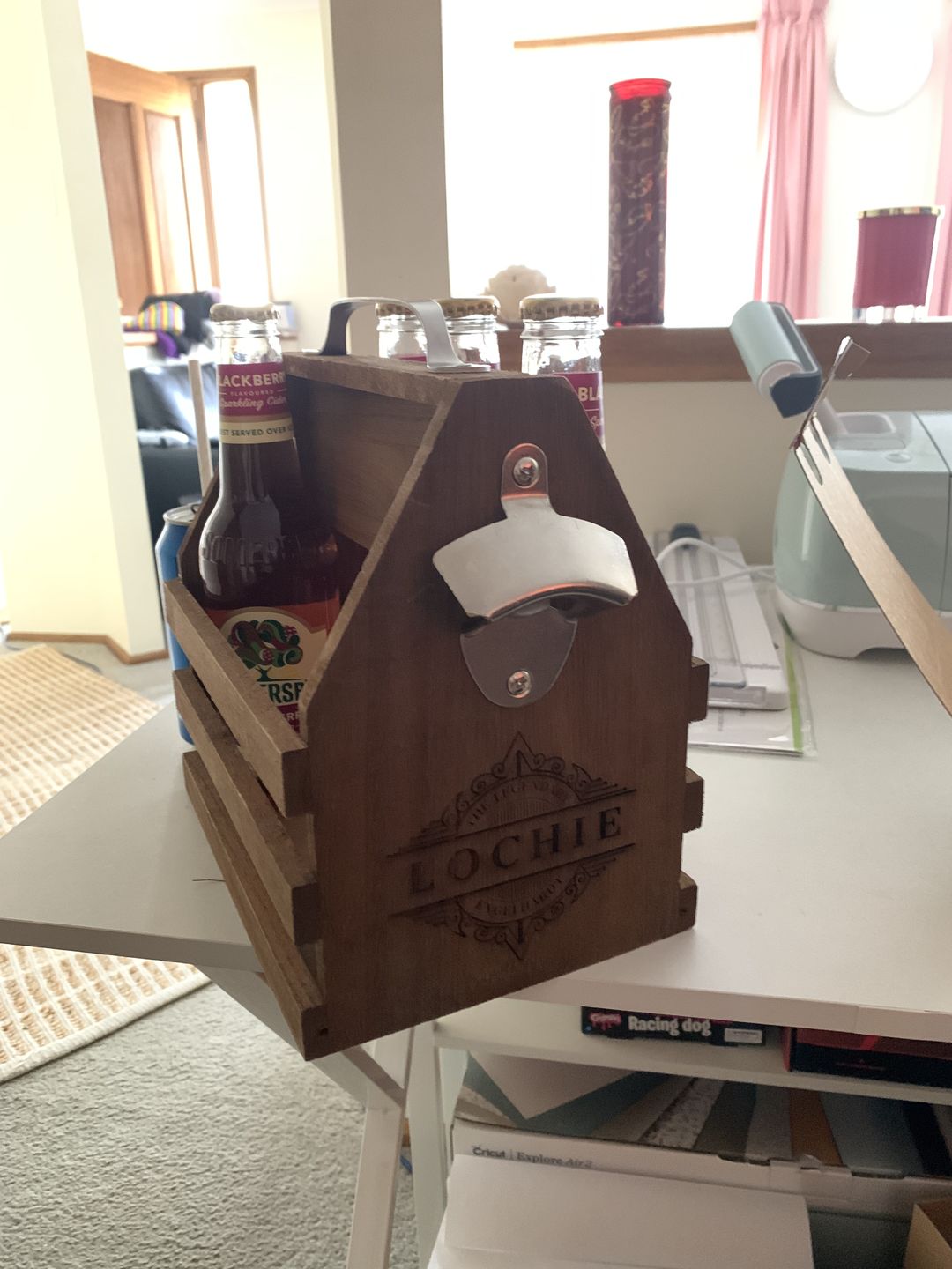Customer photo review of Engraved Wooden Beer Bottle Carrier 6 Pack with Opener