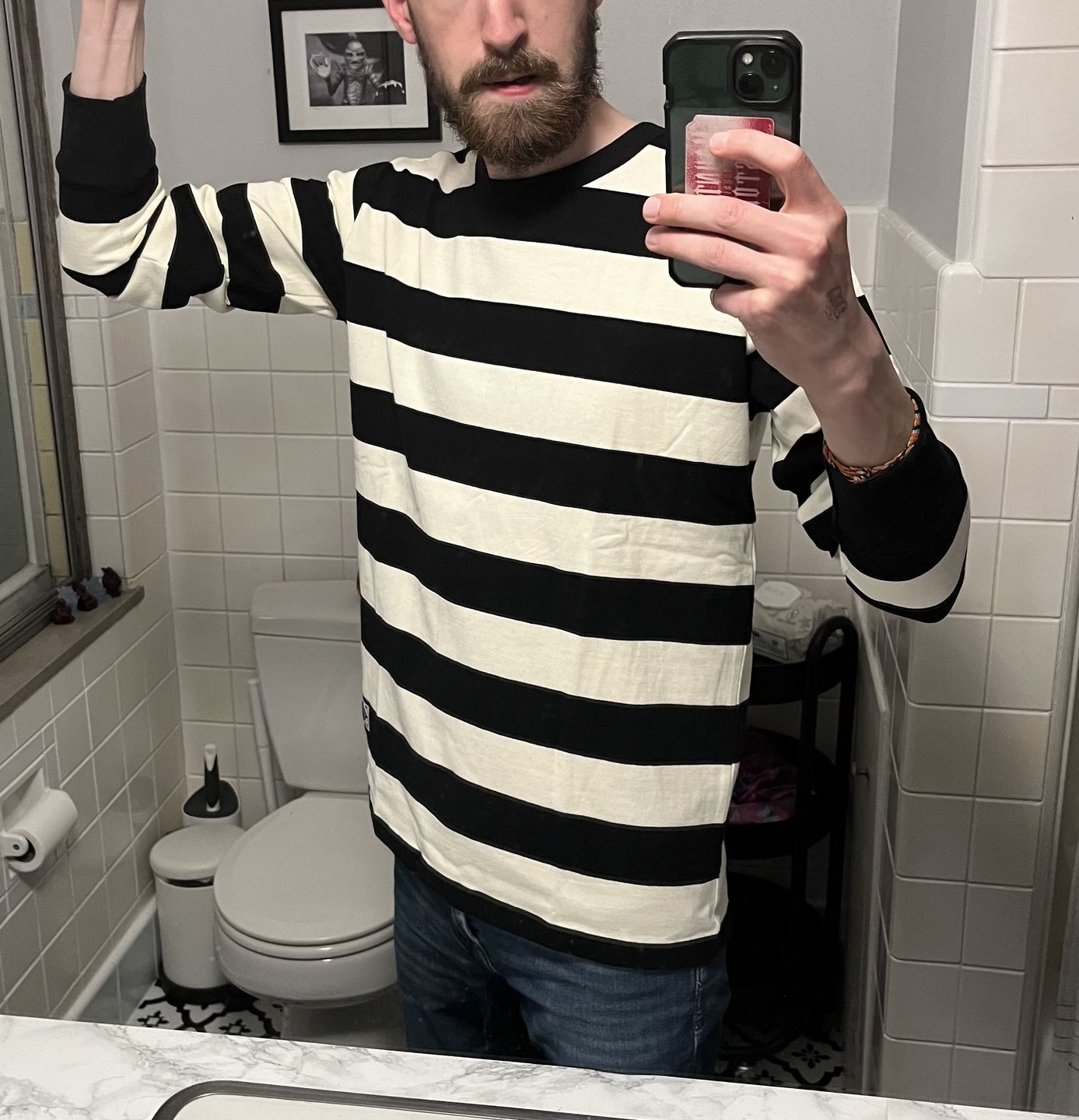 Customer photo review of 9 oz Wide Striped Long Sleeve T-Shirt