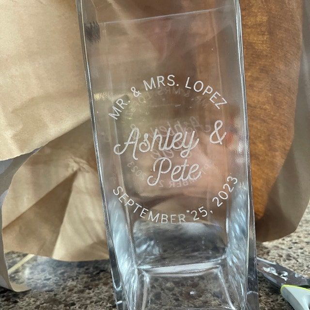 Customer photo review of Engraved Large Square Clear Glass Tank Vase - 10D x25cmH