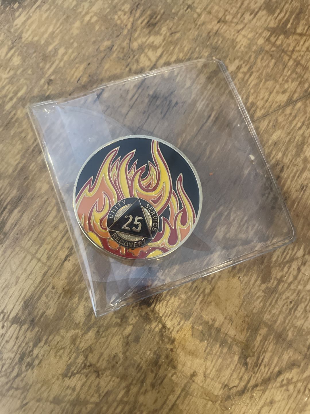 Customer photo review of 1 to 40 Year Sobriety Mint Twisted Flames Gold Plated AA Recovery Medallion/Chip/Coin - Black/Red/Orange/Yellow