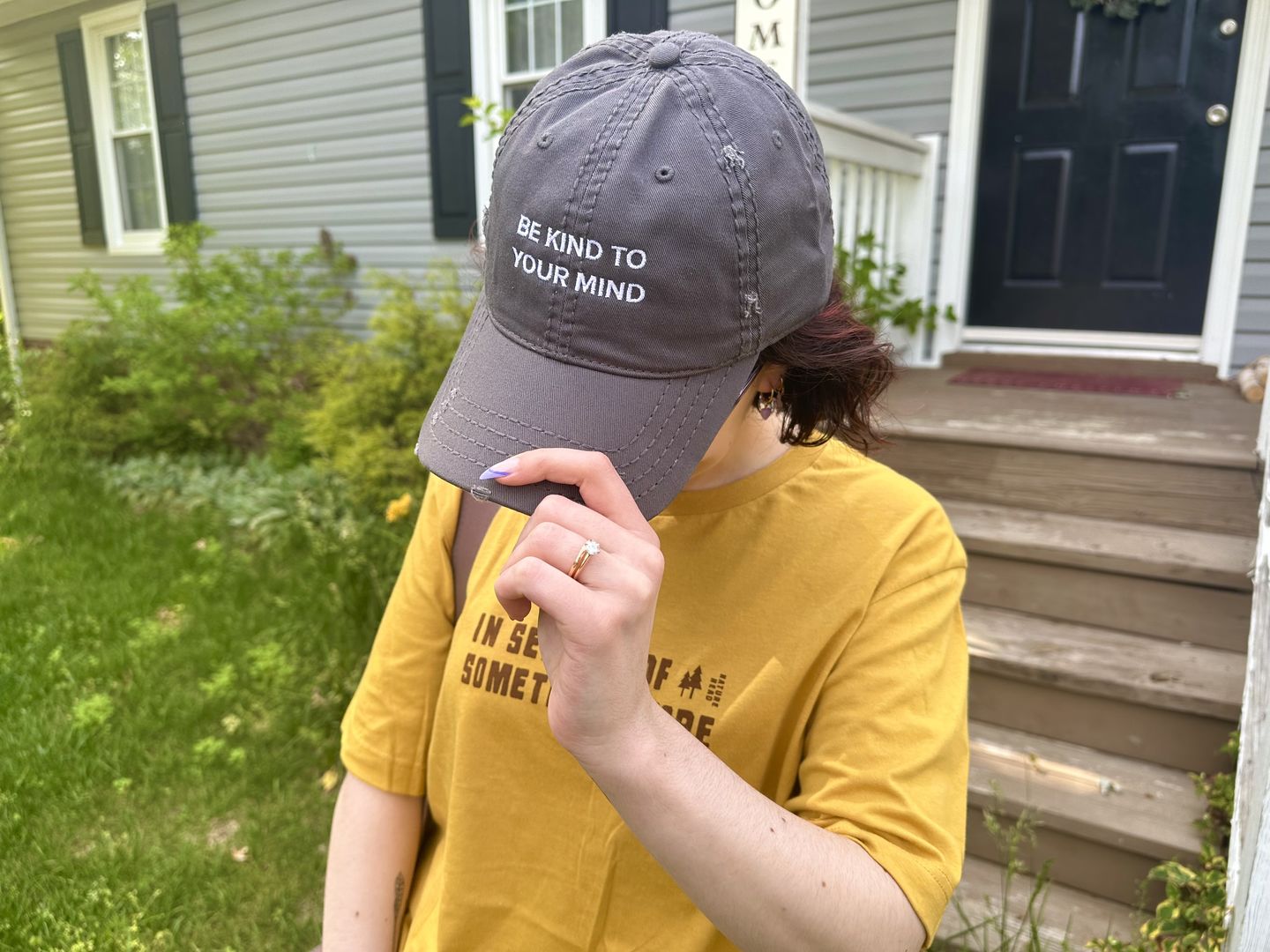 Customer photo review of Be Kind To Your Mind Distressed Hat