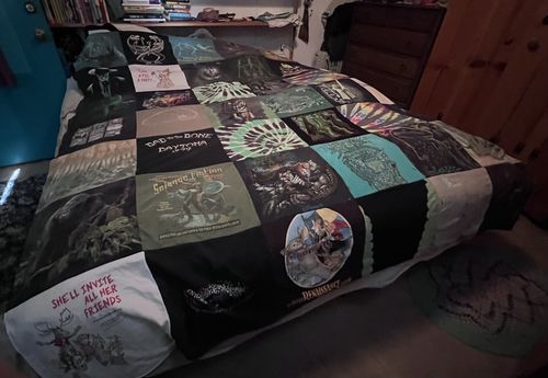 T-shirt quilt with horror movies, graphic novels themes by Cindy from TX