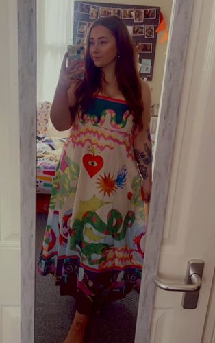 Customer photo review of Feel Effortlessly Linen Blend Unique Print Smocked Back Pocketed Midi Dress