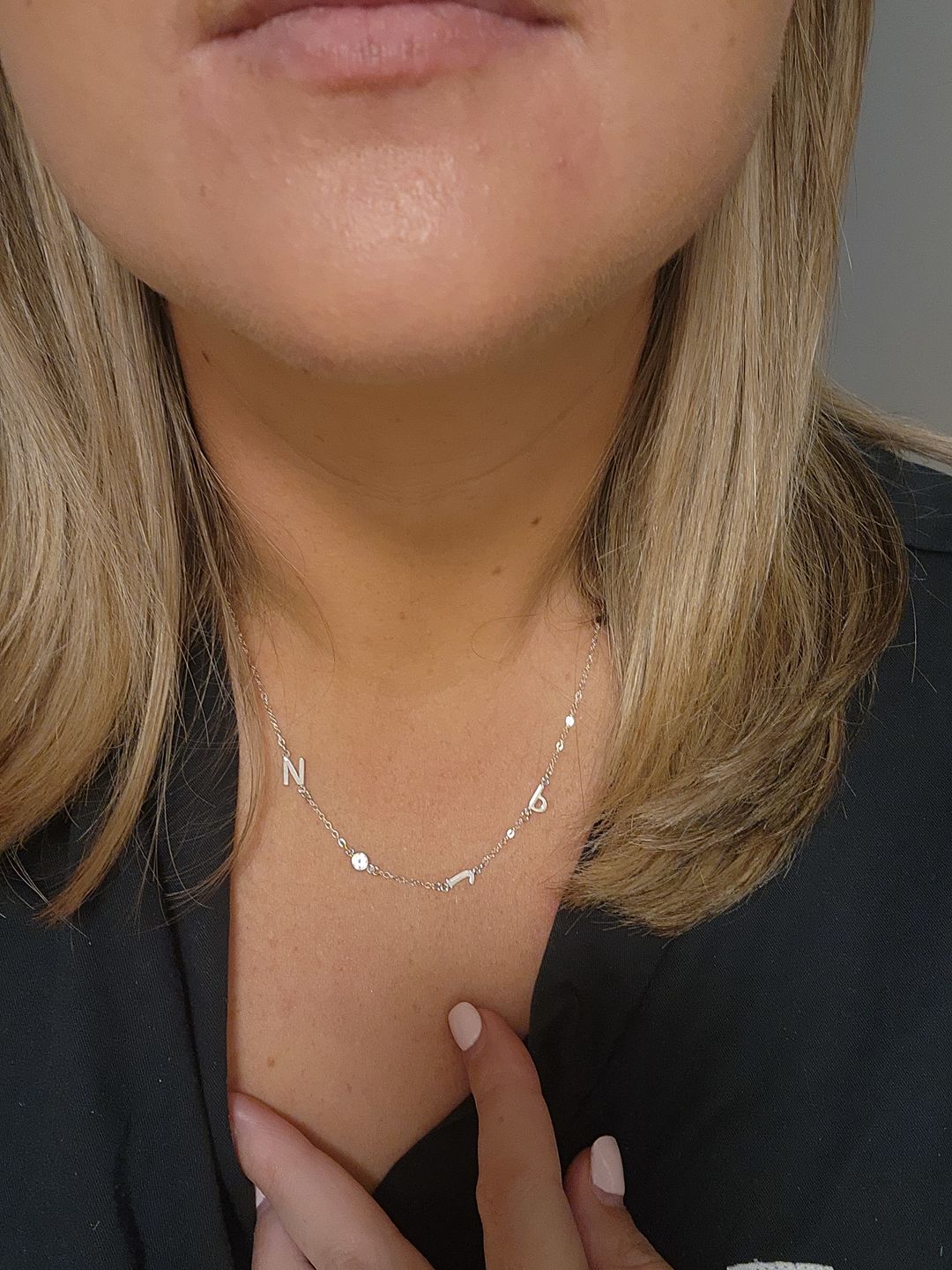 Customer photo review of Sideways Pave Letter Necklace