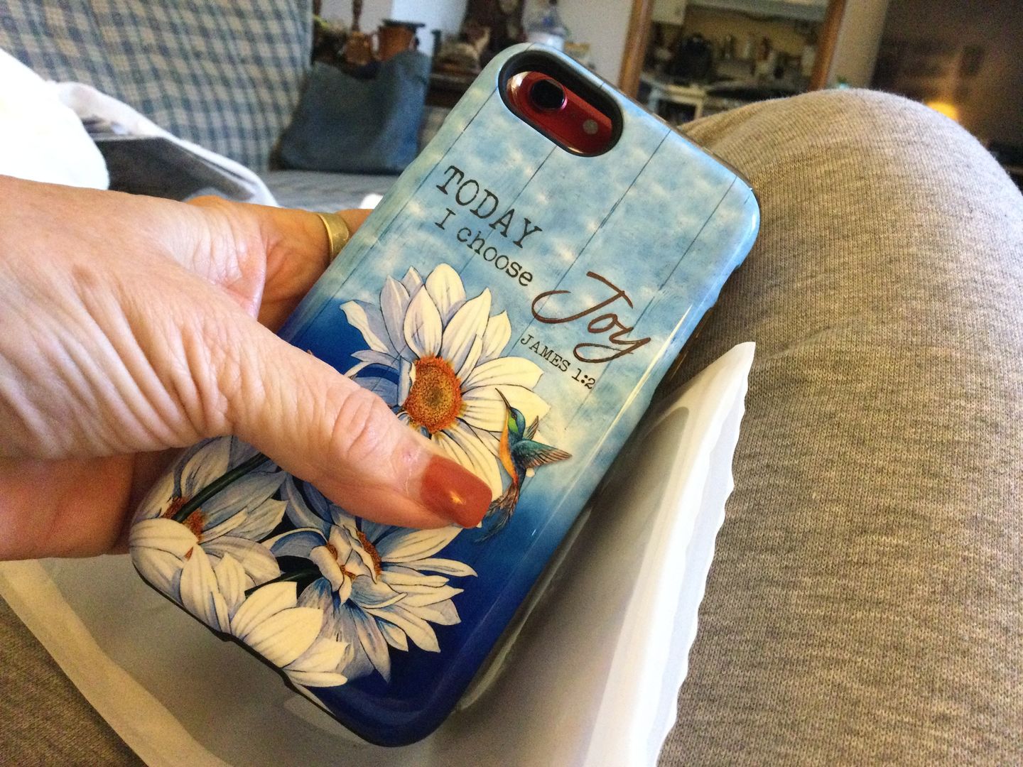 Customer photo review of Today I Choose Joy James 1:2, Hummingbird With Daisies, Phone Case