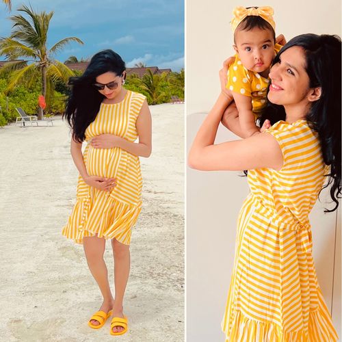 Customer photo review of Pretty Yellow Striped Sleeveless Maternity Frill Dress (100% Cotton)