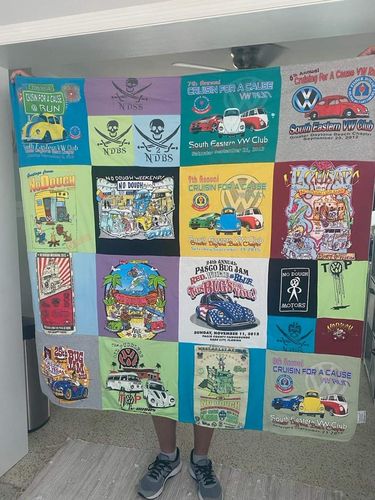 T-shirt quilt with volkswagen cars, car enthusiasts themes by Cathy from FL