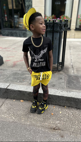 Customer photo review of Kids RAW World Tour Black Bling Crew Neck T-Shirt and RAW Wing Black Bling Cotton Shorts Set