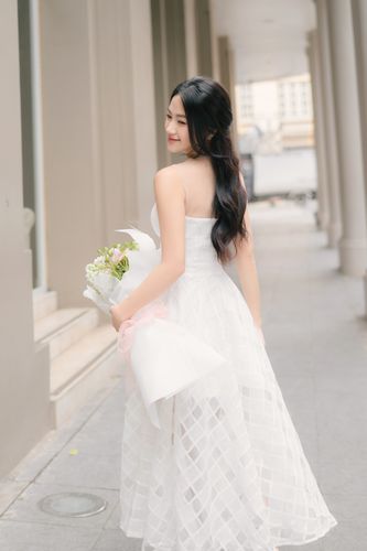 Customer photo review of Nadia Strapless Midi Dress