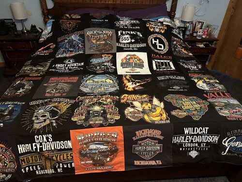 T-shirt quilt with motorcycles, biking themes by Kimberly from OH