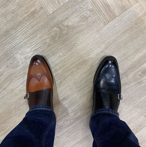 Customer photo review of Double Monk Strap Brogue Wingtip - Duo-Tone Cognac Tan (Hand Painted Patina)