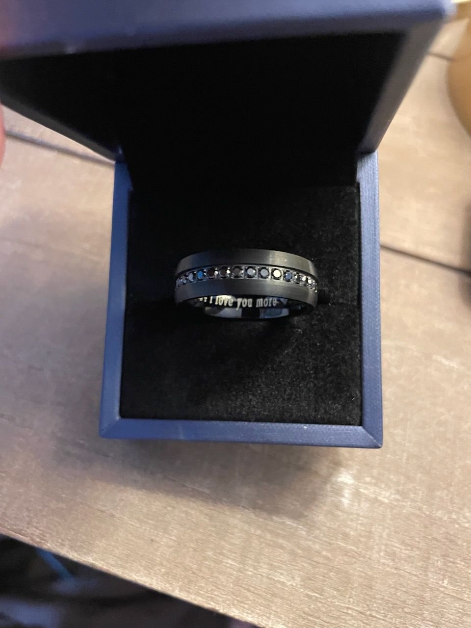 Customer photo review of 8mm - Tungsten Carbide Wedding Band Fully Stacked Cubic Zircon Beveled Edge Comfort Fit