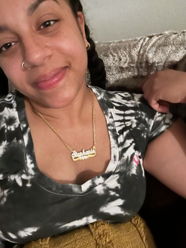 Customer photo review of Double Plated Matchmaker Name Necklace with Cuban Chain