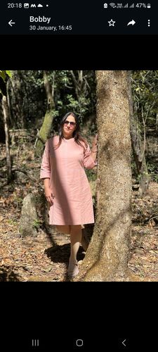 Customer photo review of Round Neck Linen Stitch Detail Knee Length Shift Dress - Pink