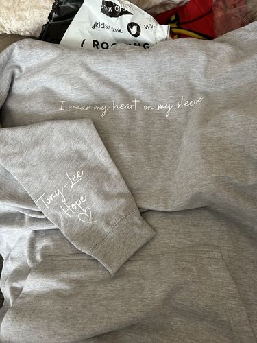 Customer photo review of Heart On My Sleeve Personalised Shoreline Hoodie