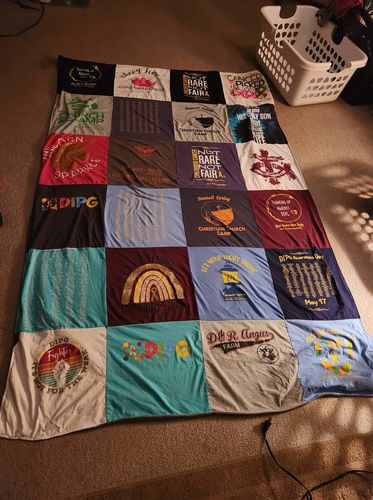 T-shirt quilt with farming, community events themes by Kelly from MO
