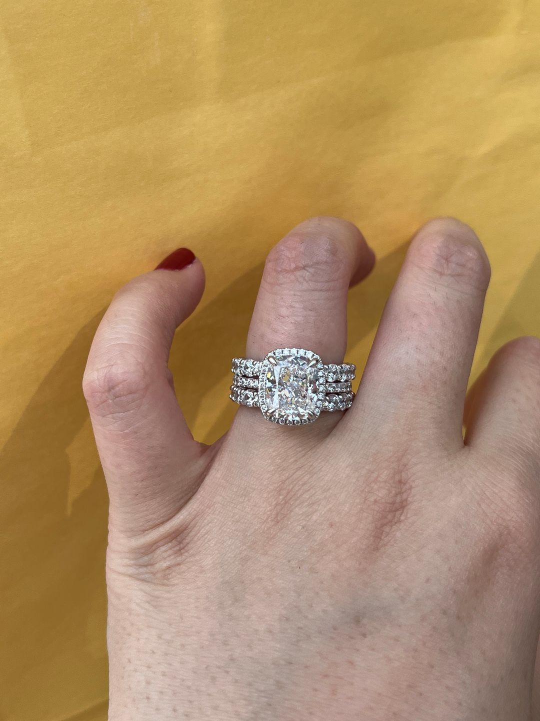 Customer photo review of S925 Gorgeous Halo 4.0Ct Cushion Cut Women's Wedding Set In Sterling Silver