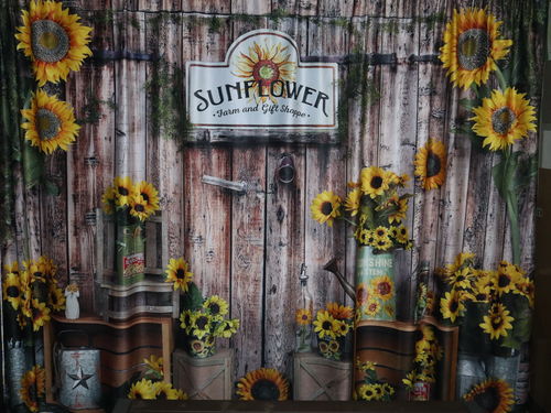 Customer photo review of Kate Spring Sunflower Gift Shop Wood Fall Backdrop