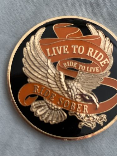 Customer photo review of Live to Ride, Ride to Live, Ride Sober AA Recovery Medallion - Black/Gold