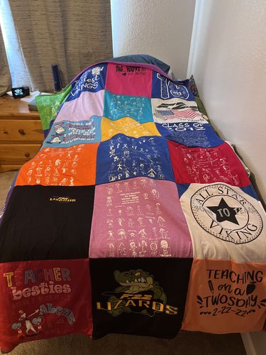 T-shirt quilt with education, teaching themes by Nancy from CA