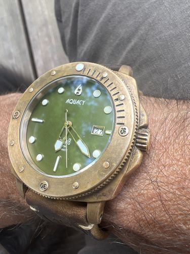 Customer photo review of Aquacy Bronze CuSn8 Series Automatic Men's 200m Watch 44mm Olive Drab Green Dial Brown Strap