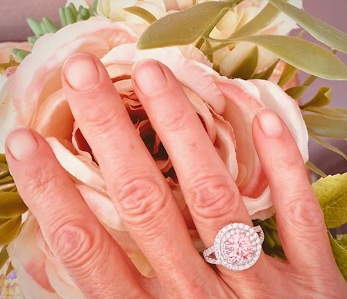 Customer photo review of Halo Morganite Color CZ Split Shank Ring in Sterling Silver