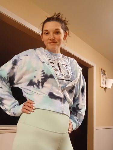 Customer photo review of Salty Savage Ladies “OG Smile” Cropped Zip Up Hoodie | Blue Aqua Tie Dye