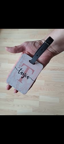 Customer photo review of Pink Marble Glitter Monogram Personalised Name Luggage Tag