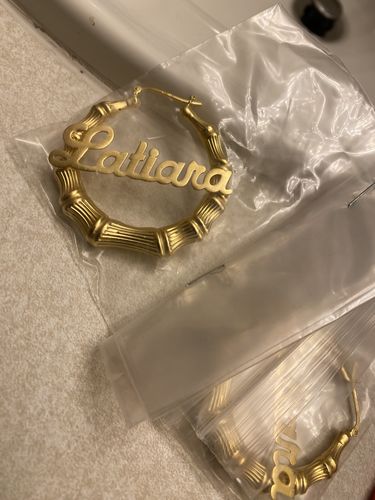 Customer photo review of Bamboo Cursive Name Earrings